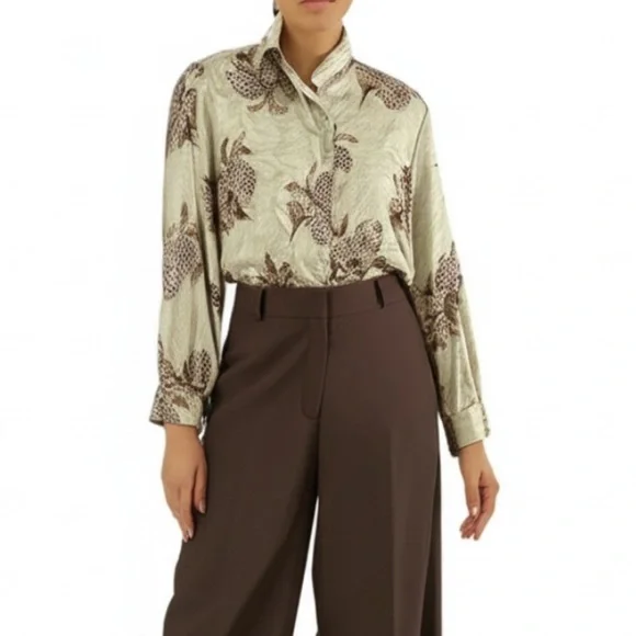 Vintage tan brown floral satin long sleeve top blouse - Picture 1 of 12